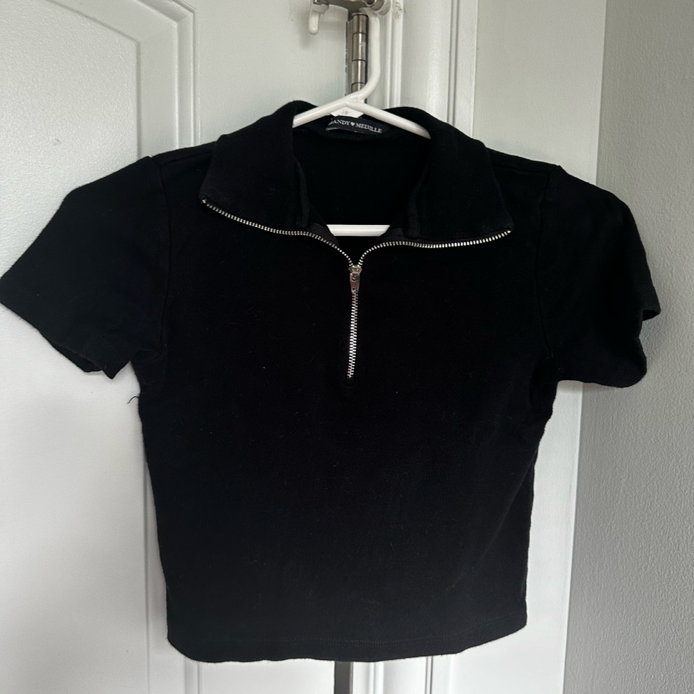 Brandy Melville black quarter zip collared crop top